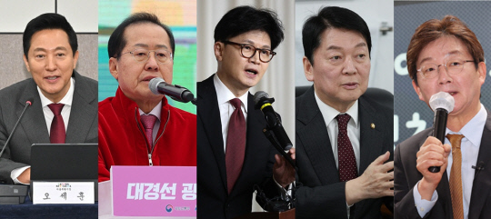오세훈(왼쪽부터) 서울시장, 홍준표 대구시장, 한동훈 전 국민의힘 대표, 안철수 의원, 유승민 전 의원. [연합뉴스]